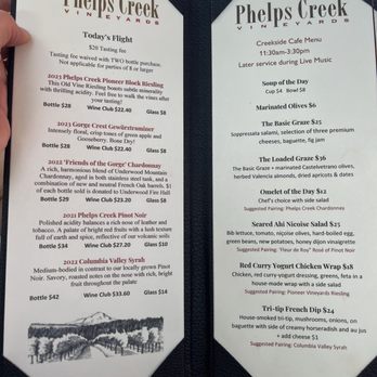 Phelps Creek Vineyards - Menu - Wine Tasting Room Near Me - Hood River, Oregon