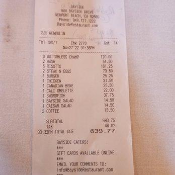 Bayside Restaurant - Our bill - New American Near Me - Newport Beach, California