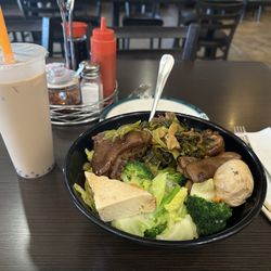 Asian Fusion Cafe - Pork Trotters lunch special with added veggies.  Milk tea with Boba