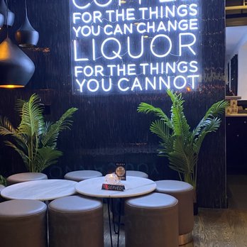 Black Coffeehouse + Lounge - a coffee table with four stools - Lounges Near Me - Vancouver, British Columbia