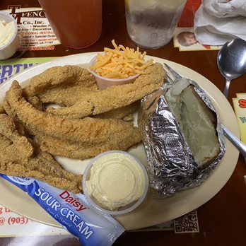 Jan's River Restaurant - My order (4 piece filet w/loaded baked potato) senior plate $17 plus a 1/2 unsweetened tea & 1/2 lemonade $3 - Seafood Near Me - Shreveport, Louisiana Jan's River Restaurant - My order (4 piece filet w/loaded baked potato) senior plate $17 plus a 1/2 unsweetened tea & 1/2 lemonade $3 - Seafood Near Me - Shreveport, Louisiana