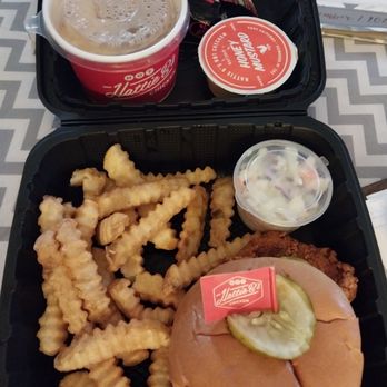 Hattie B's Hot Chicken - Memphis - Hot chicken sandwich with seasoned fries and peach cobbler. And a side of honey mustard sauce. - Chicken Shop Near Me - Memphis, Tennessee