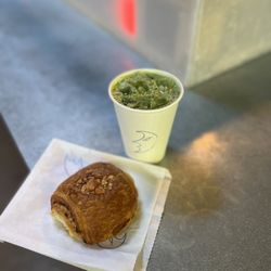 Matcha Latte (ice) and Cheddar Croissant