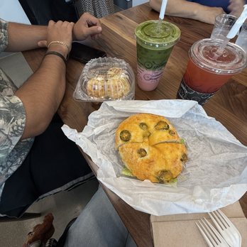 Cassidys Corner Cafe - Strawberry matcha with almond milk, Mango strawberry w/ black tea, asiago bagel bites and Grilled Chicken Ranch. - Bagels Near Me - Eastvale, California Cassidys Corner Cafe - Strawberry matcha with almond milk, Mango strawberry w/ black tea, asiago bagel bites and Grilled Chicken Ranch. - Bagels Near Me - Eastvale, California