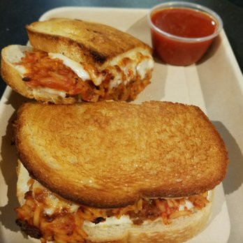 Burnt Crumbs - Spaghetti grilled cheese on sourdough bread - New American Near Me - Irvine, California Burnt Crumbs - Spaghetti grilled cheese on sourdough bread - New American Near Me - Irvine, California