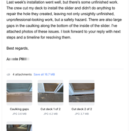 10/28 email with pictures of cut deck. 10/28 email with pictures of cut deck.