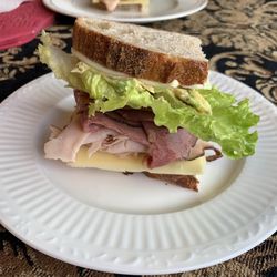 Roast beef, turkey and bacon sandwich with Mayo, mustard, Swiss and pepper jack cheese. The TristinRachael Sandwich