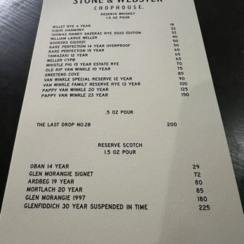 Stone & Webster Chophouse - Whiskey list - Steakhouses Near Me - Savannah, Georgia
