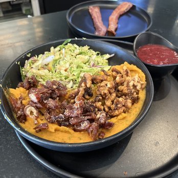 Jules' Bistro - Sweet Potato and Pomegranate Bowl (side of bacon) - New American Near Me - St. Cloud, Minnesota