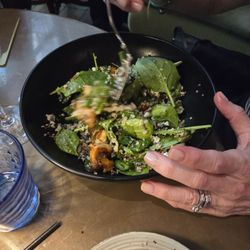 Rail House Cafe - Aleppo pepper king prawns, wild rice, quinoa spinach, roast squash, broccoli, apple, feta, etc.