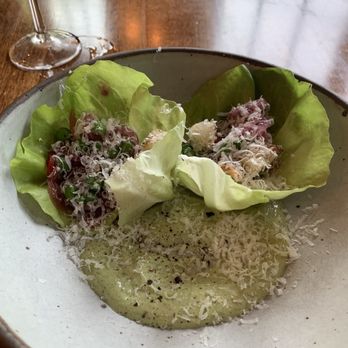FARM Bluffton - SPRING PEA PANZANELLA (TORN CROUTONS, HANSON LETTUCE, STRAWBERRY SOFRITO, ZUNI ONION GREEN GODDESS, PECORINO)  9/10 - New American Near Me - Bluffton, South Carolina