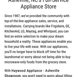 Haywood Appliance - Asheville Showroom - Advertised as full service w/ installation which is no longer offered (not the reason for the two star review though)