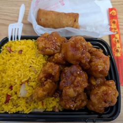 New Yang's Garden - General Tso's chicken combo, with roast pork fried rice and pork egg roll