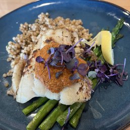 Charleston ling cod with lemon cous cous and asparagus. Charleston ling cod with lemon cous cous and asparagus.