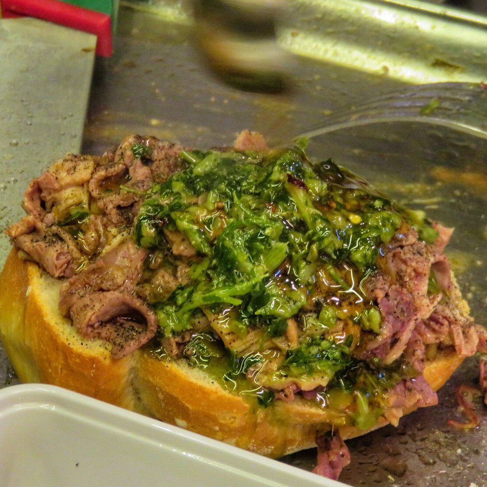 Gusta Trippa - Lampredotto on bread with salsa verde - Salumerie Near Me - Florence, FI Gusta Trippa - Lampredotto on bread with salsa verde - Salumerie Near Me - Florence, FI