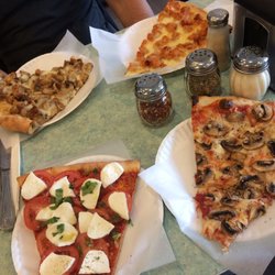 Sinapis Pizzeria - Big slices! The cold slice of mozz + tomato tasted really fresh. Big chunks of chicken made for some heavy slices