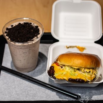 Happy Burger - Cookies & Cream Milkshake ($7.95) and Happy Cheeseburger ($8.95) - Fast Food Near Me - Toronto, Ontario Happy Burger - Cookies & Cream Milkshake ($7.95) and Happy Cheeseburger ($8.95) - Fast Food Near Me - Toronto, Ontario