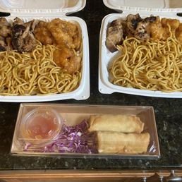2x lunch plates (lo mein, chicken teriyaki, and orange chicken) and spring rolls 2x lunch plates (lo mein, chicken teriyaki, and orange chicken) and spring rolls