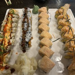 Left to right: American dream, sweet potato, rose roll (not spicy at all), and dinosaur. All great!