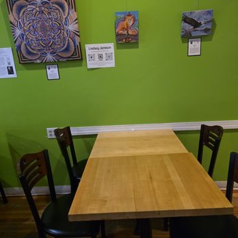 Little Green Hive - Artworks and information about the local artist who painted them, including title of the work and price and am QR code of their website. - Coffee & Tea Near Me - Roanoke, Virginia
