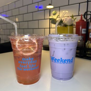 Cafe Weekend - Left: Pink Lemonade, Right: Taro Latte - Breakfast & Brunch Near Me - Allston, Massachusetts Cafe Weekend - Left: Pink Lemonade, Right: Taro Latte - Breakfast & Brunch Near Me - Allston, Massachusetts