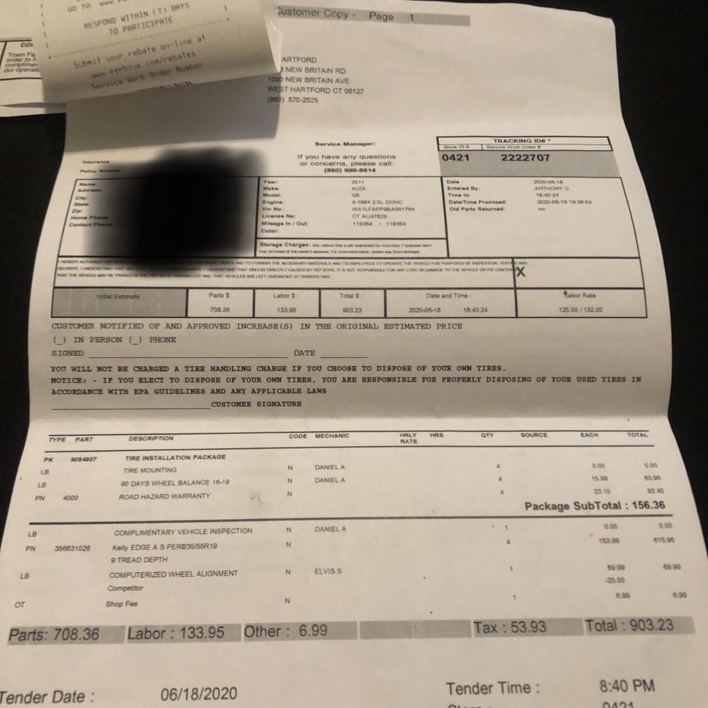 Pep boys receipt 1-year ago for one tire service after being told they can't repair only one.