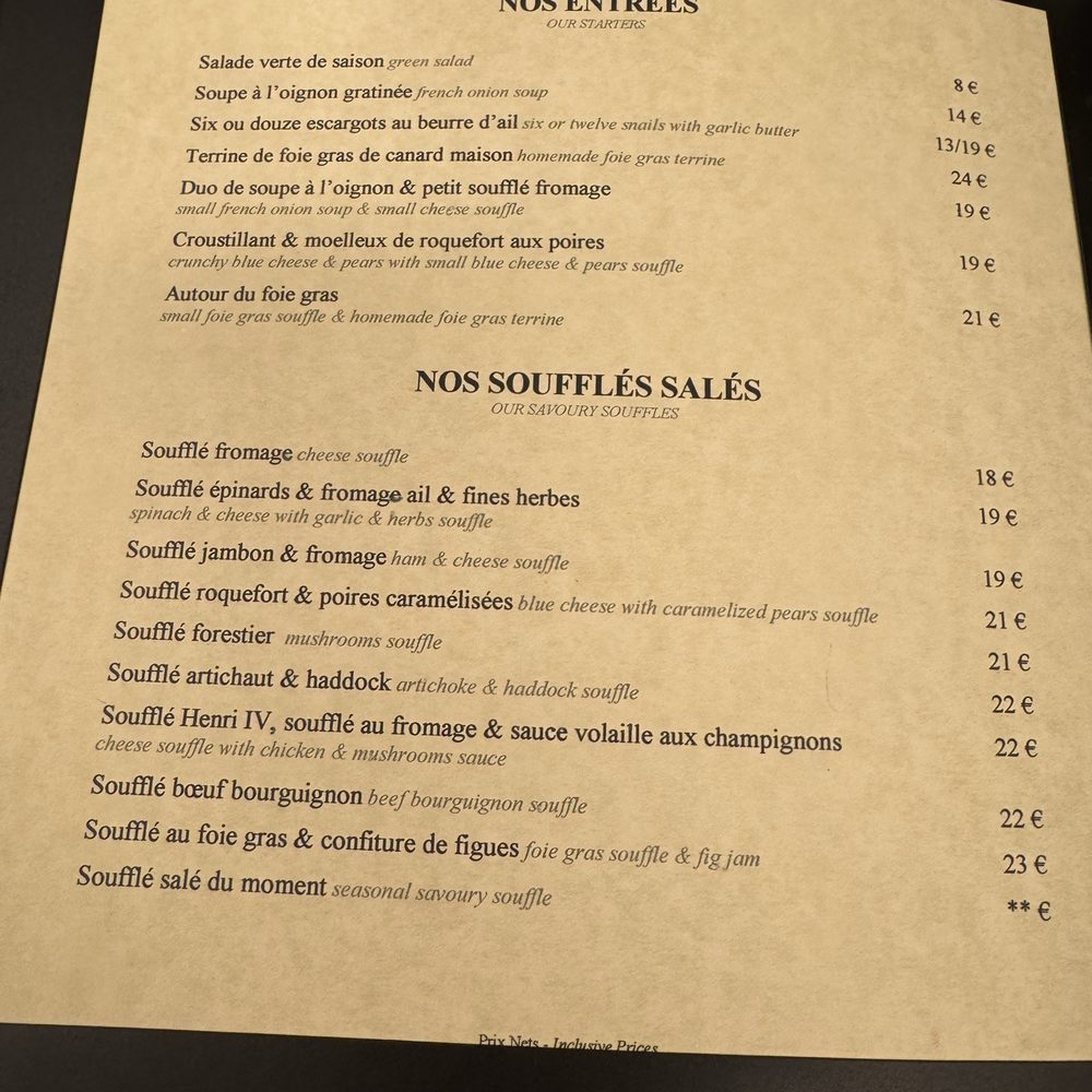 Le Soufflé - Menu 2/2025 - French Near Me - Paris, 75