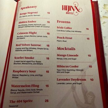 Hijinx Hotel - Speakeasy cocktail menu - Eatertainment Near Me - Irvine, California