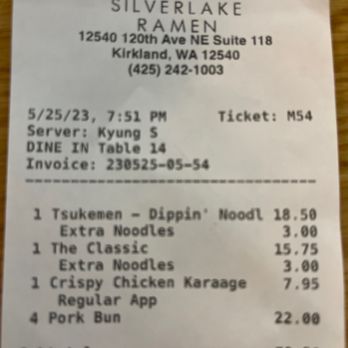 Silverlake Ramen - $22 for pork's buns that weren't supposed to be spicy but were and was charged anyway for it. - Ramen Near Me - Kirkland, Washington
