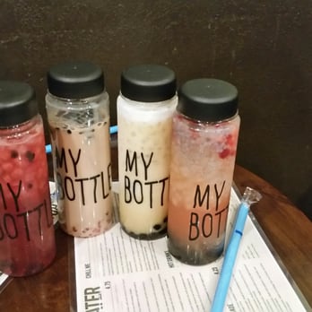 Roasting Water - Our drinks with all the different toppings.  Soooo good.  Eco-friendly bottles free with purchase a plus. - Coffee & Tea Near Me - Westminster, California