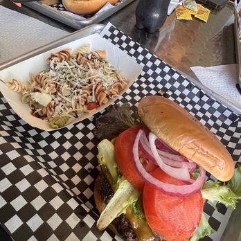 Stash's Table & Fable - Cheese burger with pasta salad - Burgers Near Me - Forney, Texas Stash's Table & Fable - Cheese burger with pasta salad - Burgers Near Me - Forney, Texas