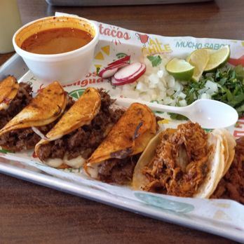 Al Chile Taqueria - Birria/Queso plate with Consomme $12.75, a Tinga taco, a Pastor taco ea. $2.50 - Tacos Near Me - Dallas, Texas