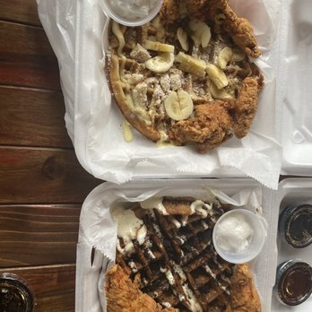 Waffle Bar - Banana pudding waffle, Oreo cheesecake waffle, and chicken tenders. - Waffles Near Me - Atlanta, Georgia Waffle Bar - Banana pudding waffle, Oreo cheesecake waffle, and chicken tenders. - Waffles Near Me - Atlanta, Georgia