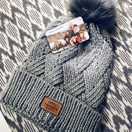 a photo of the beanie and a photo of the family