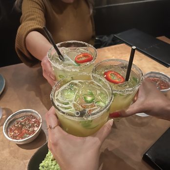Javier's - Jalapeño margaritas and Guac and chips in the background - Mexican Near Me - Irvine, California Javier's - Jalapeño margaritas and Guac and chips in the background - Mexican Near Me - Irvine, California