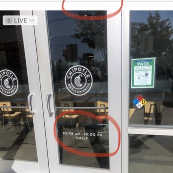 Chipotle Mexican Grill - If you look close enough you can see an employee just sitting down staring at everyone! Didn't get in until 11:00. - Mexican Near Me - West Sacramento, California Chipotle Mexican Grill - If you look close enough you can see an employee just sitting down staring at everyone! Didn't get in until 11:00. - Mexican Near Me - West Sacramento, California