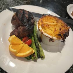17th Street Grill - Fillet Mignon with Au Gratin potatoes and Asparagus as sides.
