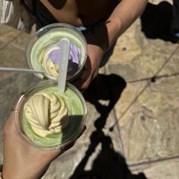 matcha float with mango soft serve and matcha float with ube/mango mix soft serve matcha float with mango soft serve and matcha float with ube/mango mix soft serve