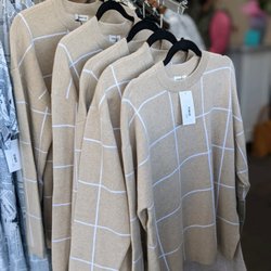 Ava Bella Boutique - Stylish, window pane sweater with high low hemline