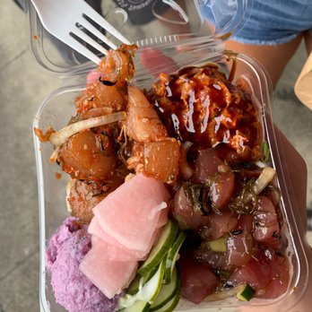 Poke Market - Left or right: marlin, spicy ahi, truffle ahi, pickled cucumbers, pickled reddishes and sweet potato - Poke Near Me - Hilo, Hawaii