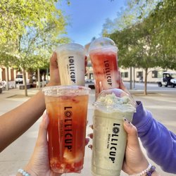 Lollicup Fresh - Riverside - Lychee wave, matcha smoothie, brown sugar boba mt, lychee volcano