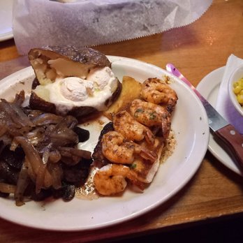 Texas Roadhouse - 8 oz. steak, grilled shrimp, baked potato and buttered corn. Very satisfying but not too filling for me! - Steakhouses Near Me - Tempe, Arizona Texas Roadhouse - 8 oz. steak, grilled shrimp, baked potato and buttered corn. Very satisfying but not too filling for me! - Steakhouses Near Me - Tempe, Arizona