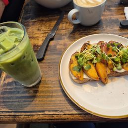 Matcha with rhubarb and the peach ricotta on sourdough bread Matcha with rhubarb and the peach ricotta on sourdough bread