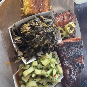 Dinosaur Bar-B-Que - Double Meat Platter with Brisket and St. Louis Ribs, spicy cucumber salad, simmered greens with turkey and of course corn bread. - Barbeque Near Me - Troy, New York