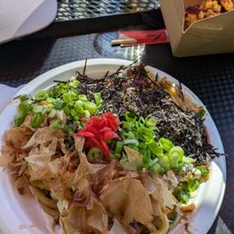 Yaki Udon noodles plate and Marionberry pie