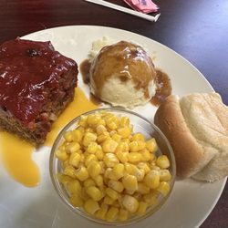 The Hungry Goats - Big thick Meatloaf, mashed potatoes, corn, and a roll
