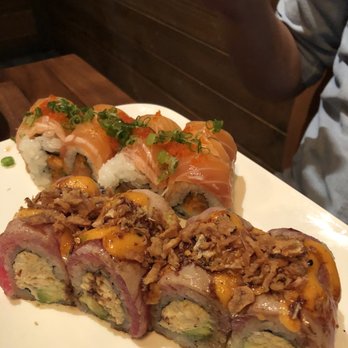 Yamazaru - Top- salmon madness roll Bottom- The Snazzy Roll - Sushi Bars Near Me - Charlotte, North Carolina Yamazaru - Top- salmon madness roll Bottom- The Snazzy Roll - Sushi Bars Near Me - Charlotte, North Carolina