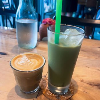 Launderette - cappuccino and iced oat lavender matcha latte - New American Near Me - Austin, Texas