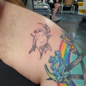 Fallen Angel Tattoos - Finch with Cresent moon - Tattoo Near Me - West Jordan, Utah