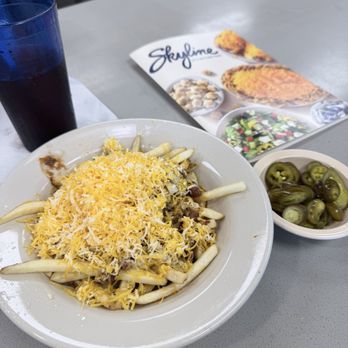 Skyline Chili - Chili Cheese Fries with habanero cheese + beans & onions and a side of jalapeño - Fast Food Near Me - Richwood, Kentucky Skyline Chili - Chili Cheese Fries with habanero cheese + beans & onions and a side of jalapeño - Fast Food Near Me - Richwood, Kentucky